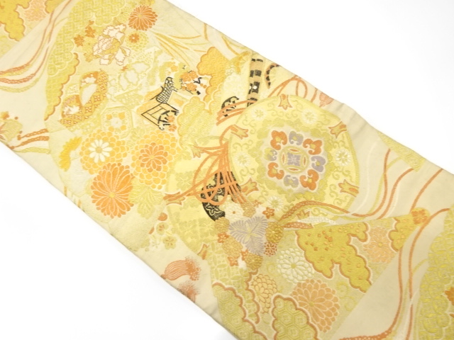 アンティーク　桧扇に古楽器・貝桶・草花模様織り出し丸帯（材料）